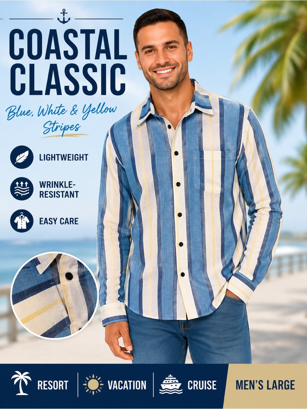 Hardaddy Men’s Large Blue White Stripe Button Down Resort Shirt Coastal Vacation